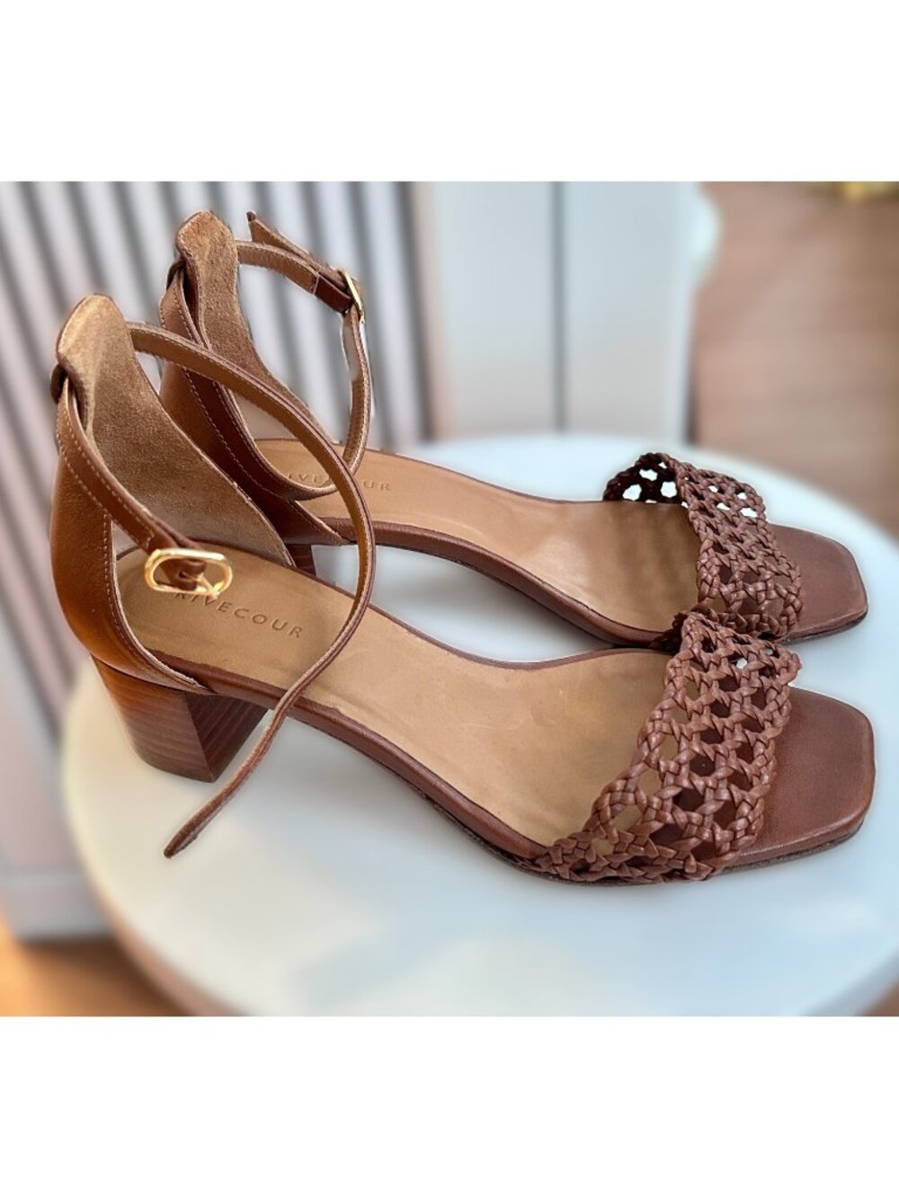 Rivecour Numéro 890 Cognac Genuine Leather Block Heeled Sandals EU 36/US 6